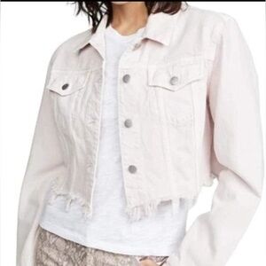 J Brand Cyra Cropped Denim Jean Jacket Womens Medium Raw Hem Faded Pink. 432